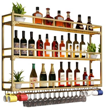 Weinregal Wand Metall Bar Regal Wand Flaschenregal Schmal mit Licht Weinschrank Barschrank Weinständer Küchenregal Hängend con Weinglashalter für Bartheke Wohnzimmer Esszimmer(Gold,80cm(31.49in))