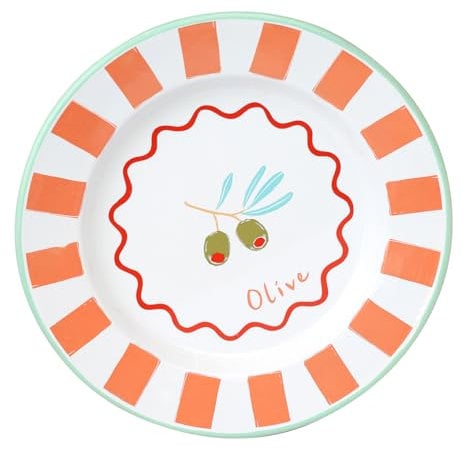 Talking Tables Bon Appetit Handmade Enamel Dinner Plate with Olive Design - Durable, Lightweight, Perfect for Outdoor Dining, Picnic, Camping, Beach - Stylish Summer Tableware Dishwasher Safe 25cm
