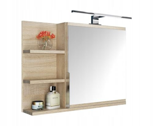 FreshYou Spiegelschrank 60x50 Sonoma Eiche, Badezimmerschrank mit Ablagen, Badezimmerspiegel, Hängeschrank LED Lampe - Links