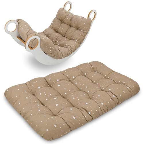 Krabbeldecke für Baby Kissen für Kletterbogen 60x120 cm - Bodenkissen Kinder Matte für Montessori Spielbogen Wippe Kletter Bogen Polster Spieldecke für Kinderzimmer Oeko-Tex Beige mit Weiß Sternen