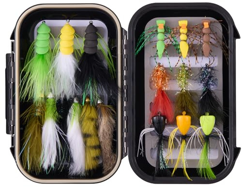 BASSDASH 18pcs Bass Fly Fishing Flies, Dry Wet Flies Poppers in Hook Sizes 1/0, 4, 6 with Waterproof Fly Box