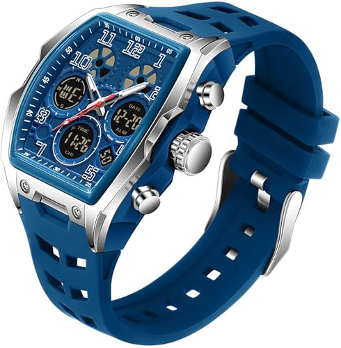 findtime Herren Armbanduhr Große Rechteckige Herrenuhr Sportlich Chronographen Datum Wasserdicht Militär Designer Uhren fur Männer Blau Silikonband