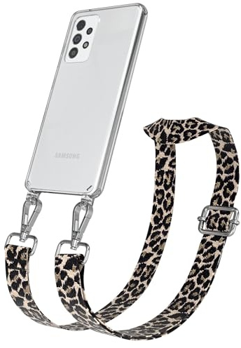 EAZY CASE Handykette - Verstellbares Taschenband kompatibel mit Galaxy A52, Schulterriemen, Handykordel mit Silikon Hülle, Umhängetasche, Leo - Schwarz Beige Silber