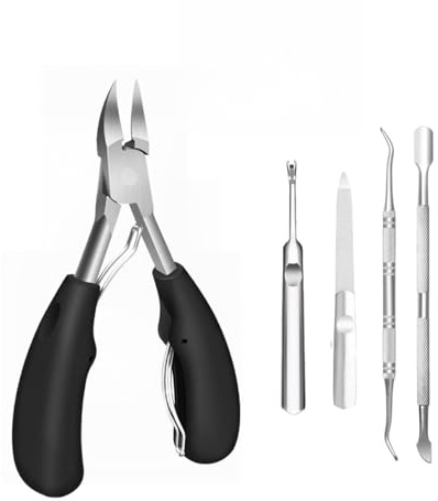 Extra Strong Wide-Grip Stainless Steel Toe Nail Clippers for Thick & Ingrown Nails - Professional 5-Piece Pedicure Set Ultra Sharp Nail Cutter (Black)