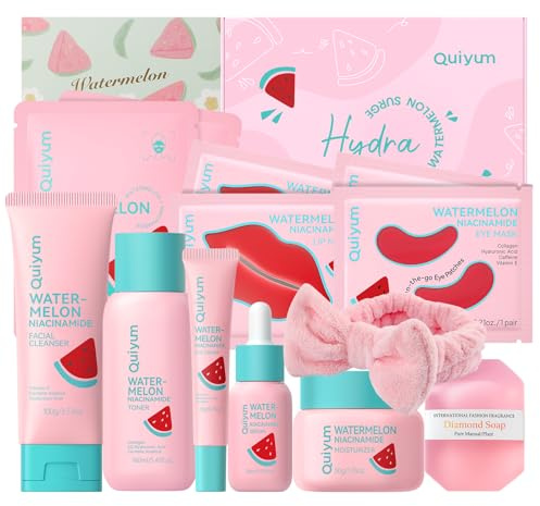 QUIYUM Set de Cuidado de la Piel con Niacinamida y Sandía, Coffret 14 Piezas para Mujeres con Gel Limpiador,Tónico,Sérum,Crema Contorno de Ojos, Hidratante, Mascarilla, Jabón y Banda, Rutina Glow Up