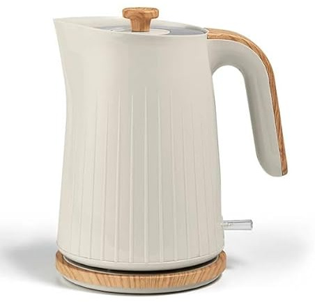 New FT-Store White And Wood Textured Scandi Fast Boil Kettle 1.7L-3kw Fast Boil Element- Save Time And Energy-A01