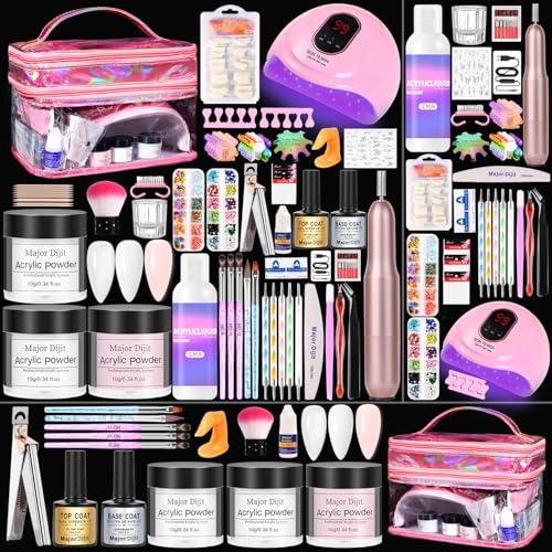 Major Dijit Acryl Nägel Starterset mit UV Lampe Acryl Nagel Set für Anfänger – Acrylpulver, Nagelfeile Nägel Selber Machen Set für luxuriöse Maniküre daheim, Pink Kosmetiktasche, Salonqualität