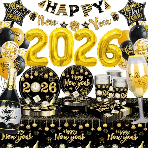 Silvester Deko 2026 Party Geschirr, Neujahr Silvesterdeko, Happy New Year Partygeschirr mit Tischdeko, Pappteller, Luftballons für 2026 Silvester Dekoration Partyzubehör