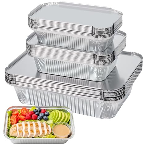 KICNIC 30 Pack Aluminium Foil Trays with Lids, 1750ml, 700ml, 410ml | Foil Trays Containers, Deep Tin Foil Dishes for Cooking, Baking, Roasting, Storage, Takeaway, Restaurant, Catering & Party