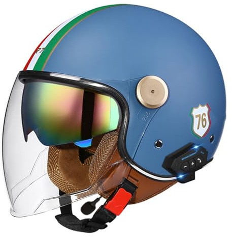 VVPEC Bluetooth Moto 3/4 Casco Casco Moto Retrò Auricolare E Microfono Integrati con Doppia Visiera Certificazione ECEDOT Casco Jet Jet Per Adulti Uomini Donne - Mezze Caschi Moto Stile