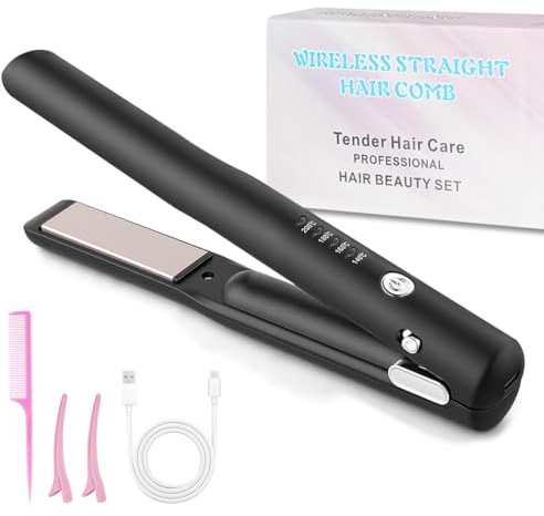 Vicloon Plancha de Pelo Inalámbrica, 2 en 1 Mini Plancha Pelo y Rizador con 4 Ajustes de Temperatura, 140-200°C, USB Recargable, Pantalla LED, para Viaje, para Todo Tipo de Cabello, Negro