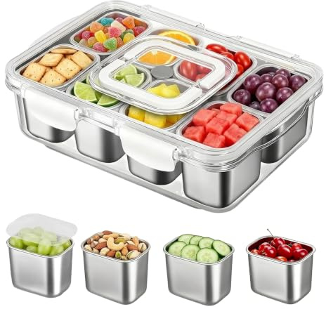 UNIVERTEN Snackbox mit 8 Edelstahl Fächern Tragbar Snack Aufbewahrungsbox mit Deckel und Griff, Auslaufsicherer Snackdose Organizer für Snacks Süßigkeiten Keksen Dessert GemüseNüsse Obst Gewürze