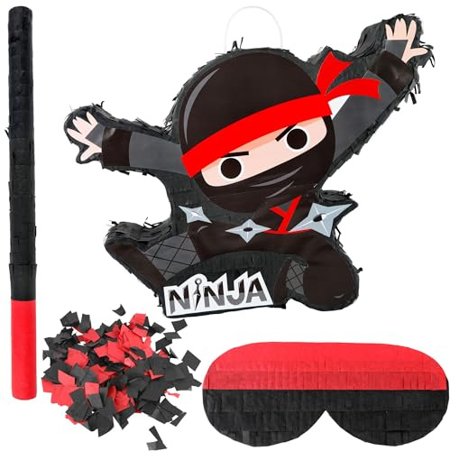 Ninja-Piñata-Set: Schwarze Ninja-Piñata aus Papier mit coolem Krieger-Design, inklusive Schlagstock, Augenbinde und Konfetti – perfekt für Geburtstagsfeiern