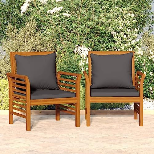 Keeushr Gartensessel mit Dunkelgrauen Kissen 2 STK. aus Massivholz Akazie, Bequeme Polsterauflagen für Terrasse und Garten, Langlebige Outdoor Sitzgruppe mit Rustikalem Charme