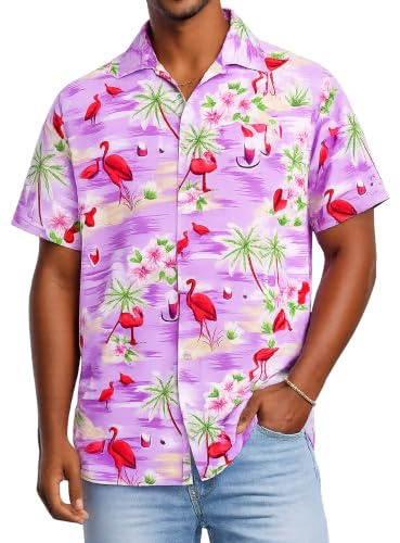 King Kameha Funky Hawaii Hemd Männer - Luftiges Hawaiihemd Herren Kurzarm mit Brusttasche & tropischem Flamingo-Print