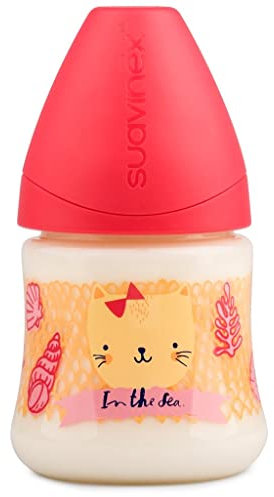 SUAVINEX IN THE SEA Biberon Collo Largo con Tettarella Anatomica in Silicone 0-6 Mesi 270 ml - Gatto Sirena Rosa