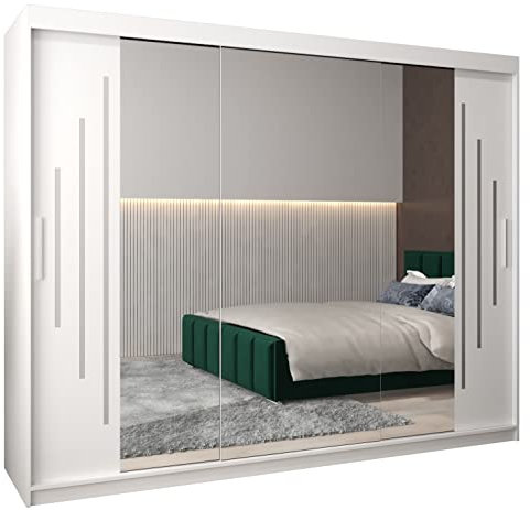 MEBLE KRYSPOL Kleiderschrank mit Spiegel York 2 - Garderobenschrank - Schrank Schlafzimmer - Mehrzweckschrank DREI Schiebetüren - Regalen - Flur Möbel - Kleiderstange Schrank - Allzweckschrank