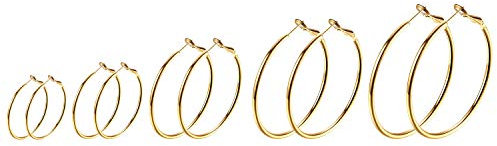JewelryWe Schmuck 5 Paar Creolen Ohrringe Set Edelstahl Groß Rund Hängend Huggie Ohrringe Ohrhänger für Damen Mädchen, Durchmesser 30 40 50 60 70 mm, Gold