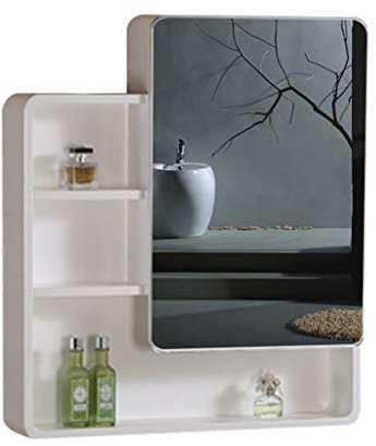 Spiegelschränke Badezimmermöbel Massivholz Badspiegel Schrank Wand abgerundeten Schließfach Badspiegel mit Shelf Massivholzlaminat (Color : Weiß, Size : 70 * 14 * 80cm)