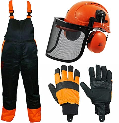 SPARES2GO Chainsaw Safety Seatless Bib and Braces Forestry Trousers (One Size, 34 - 38) + Helmet with Ear Defenders, Visor + Protective Gloves (Size 10)