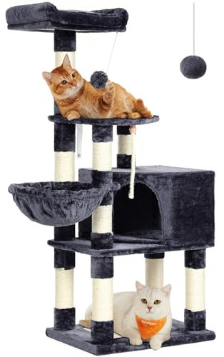 Feandrea Kratzbaum groß, 138 cm hoch, Katzenbaum mit Kratzbrett und 9 Kratzsäulen, Plattform, Höhle, Plüschball, mehrstufig, rauchgrau PCT060G01