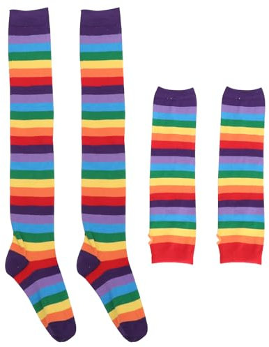 PRETYZOOM Regenbogenstreifen, Armwärmer, Beinstrümpfe, bunte Oberschenkelhohe Socken, fingerlose Handschuhe, Ärmel-Set für Frauen und Mädchen, für Partyzubehör