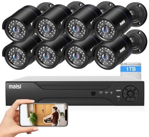 Maisi 8CH 3K DVR Recorder CCTV Security Camera System w/1TB Hard Drive, 8x 5MP Outdoor Bullet Cameras, IP66 Waterproof, Night Vision, APP Push and Email Alert, 24/7 Continuous/Motion Recording