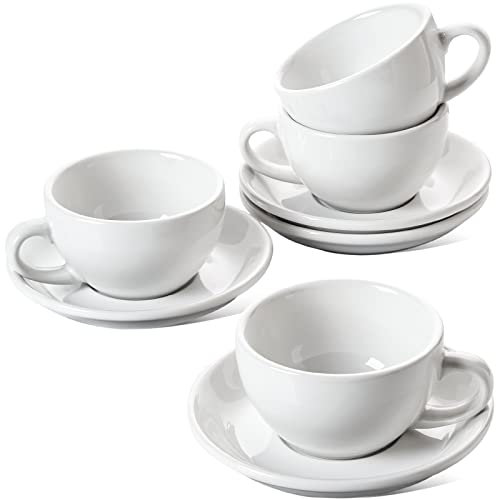 LE TAUCI Set di 4 tazze da cappuccino con piattino, in ceramica, per Au Lait, doppio colpo, latte, caffè moka, tè, bianco