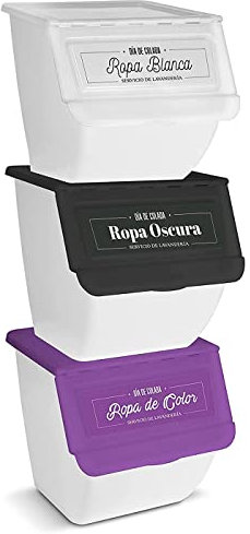 Acan Pack de 3 contenedores de plástico apilables con ruedas, organizadores de ropa sucia (Ropa blanca, oscura y de color, 36 litros, 36 x 38,5 x 38 cm)