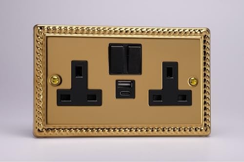 VARILIGHT Georgian Brass Classic Double Socket with 20W Shared USB A & C Charging Ports XG5UACB