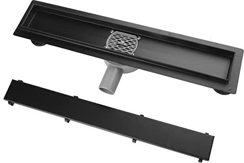 S SIENOC Duschrinne, 70cm,2 in 1,360 Grad,Siphon mit Geruchsstop und Haarsieb Randablauf Befliesbar Edelstahl Ablaufrinne, Bodenablauf, Duschablauf sehr flach, Komplettset mit Bodenbefestigung Schwarz