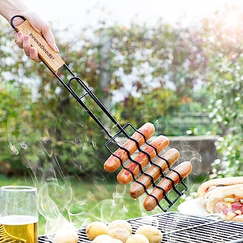 InnovaGoods - Antihaft Würstchengrillrost, Sicherheitsverschluss, Ergonomischer Holzgriff, Vielseitig für Holzkohle/Gas/Holz, Schwarz, 51 x 8 x 4 cm, Eisen