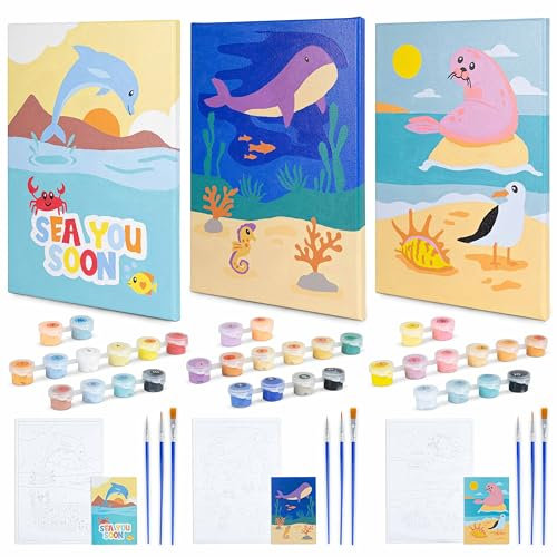 BONNYCO Peinture Numero Enfant Animaux Marins Lot 3 Toiles Peinture par Numero Océan Cadeau Enfant, Kits de Loisirs Créatifs, Activites Manuelles pour Garçon, Paint by Numbers, Jouet Garcon Fille