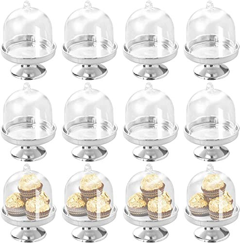 INHEMING 12 Pcs Mini Cake Stand with Dome Lid ,Plastic Transparent Mini Cupcake Display Stand , Candy Cholocate Macaron Holder Stand for Party Wedding Birthday and Baby Shower - Silver