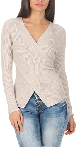 OSAB 310961 Damen Feinstrick Pullover Wickeloptik Strick Pulli Langarm Wickelpullover