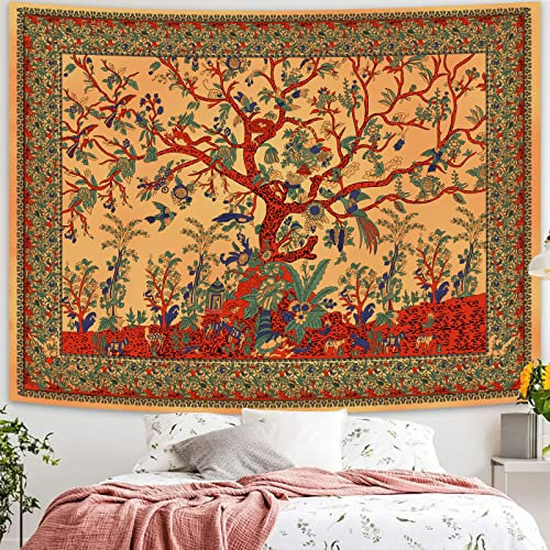 Simpkeely Tapisserie Arbre de Vie - Tapisserie Murale Esthétique de la Jungle Indienne Mandala Hippie Tie Dye Bohème - Décoration Murale pour Chambre à Coucher - 150 x 200 cm (Jaune)