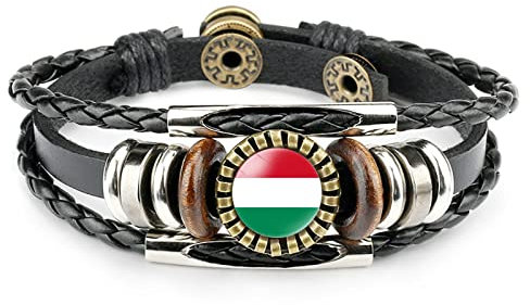 LODMLOER Mehrschichtiger Lederarmband,Mode Grün Ungarische Flagge Kunst Unersetzliche Zeit Stein Symbol Flagge Rune Leder Armband Verstellbarer Armreif Punk Schmuck,Bild,20Cm