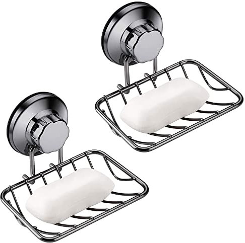 ARCCI Bar Soap Holder for Shower Wall, Stainless Steel Strong Vacuum Suction Cup Shower Soap Dish, Rustproof Wall Mouted Square Soap Sponge Holder Tray for Bathroom & Kitchen Sink, 2 Pack, Graphite