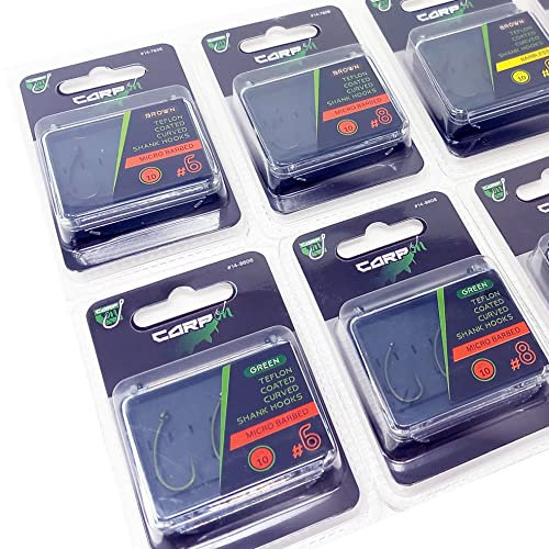 Carp On - Packs of 10 Size 8 CURVED SHANK Eyed Fishing Hooks - Made From Teflon Coated Carbon Steel (Micro Barbed - Camo Brown, Pack of 10 - Size 8) [14-7808]
