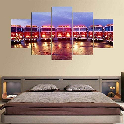 Leinwanddrucke,Modulare Wandkunst Wandaufkleber,5 Teiliges Wandbild, Feuerwehrauto Feuerwehrmann 200X100 Cm / 79X40 Wohnzimmer, Schlafzimmer, Büro, Hotel, Wandkunst, Wandbild, Poster, Foto, Heimdek