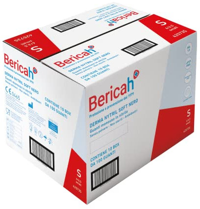 Bericah,Derma Nytril Soft Nero, Guanti in Nitrile,Senza Polvere, Taglia S, 10 box da 100 guanti