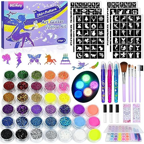 Ulikey Glitzer Tattoo Set, Temporäre Glitzertattoo Kinder - 36 Farben, 240 Schablonen, 3 Tatoostifte, 1 Lagerbox - Flash Tattoos Schminken, Glitzer Make Up Set für Mädchen Party Festivals Halloween