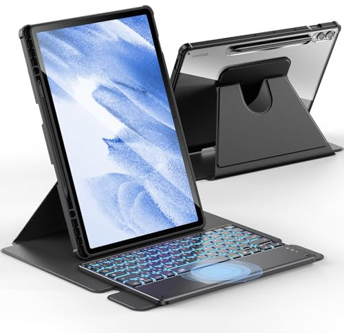 INFILAND für Samsung Galaxy Tab S9 FE+ Plus/S9+ Plus Hülle mit Tastatur, [Hochpräzises Touchpad] 360 Grad Drehbarem Ständer, Deutsche Beleuchtete Bluetooth Samsung Galaxy Tab S9 Plus Tastatur, Schwarz