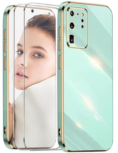 ATISIJIE Cover per Samsung Galaxy S20 Ultra,con 2 Vetro Temperato,Telaio Elettrolitico Custodia Protettiva in Morbido Silicone TPU Cover per Samsung Galaxy S20 Ultra-verde