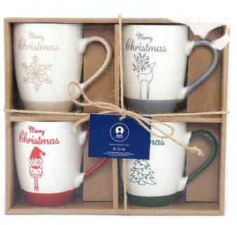 PLUS HOME Pack de 4 tazas navideña.4x Taza de Café de Porcelana navidad- Taza para Bebidas Frías y Calientes.Capacidad 350ml tamaño 12X8X10 360ML, ROJO