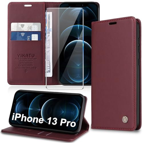 Migexxkj Handyhülle für iPhone 13 Pro Hülle [mit Schutzfolie][Premium PU Leder] Klapphülle Kartenfach Magnetic Ständer Flip Case Cover Etui Tasche Schutzhülle für iPhone 13 Pro 6.1“ (Red)