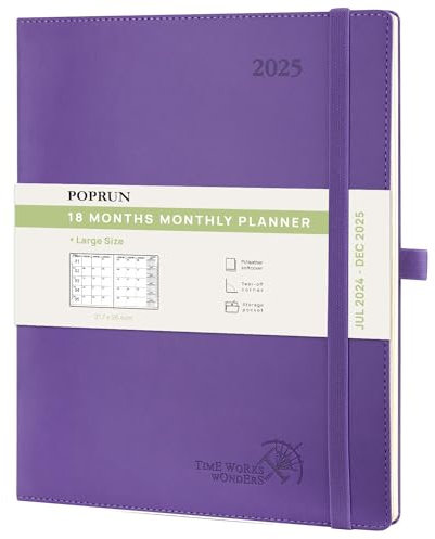 POPRUN Kalender 2025 Monatsplaner A4 (Jul.2024 - Dez.2025) - 18 Monate Monatskalender Softcover 26,5 x 21,5 cm - 1 Monat 4 Seiten, mit PU-Leder, 100 GSM Papier - Lila