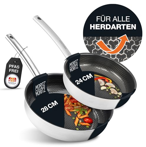 Moritz & Moritz Edelstahlpfannen 24 & 28cm mit Keramikbeschichtung der neuesten Generation - für alle Herdarten geeignet - Antihaft Pfannenset Wabenstruktur zum Kochen, Braten und Schmoren