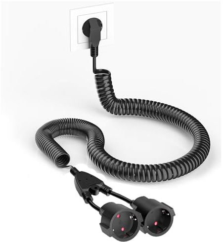 Schutzkontakt Spiralverlängerung, AOUOO 2 Schuko Sockets, 3 m Schutzkontakt Spiralleitung, PVC Schuko Verlängerungskabel, dehnbar von 0,9m bis 3 m Max, 230V/16A, IP20, Schwarz