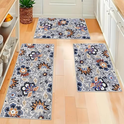 Homcomodor Boho Kitchen Mats 3 Piece Set - Non Slip, Washable Floral Kitchen Runner Rugs for Hallway and Laundry